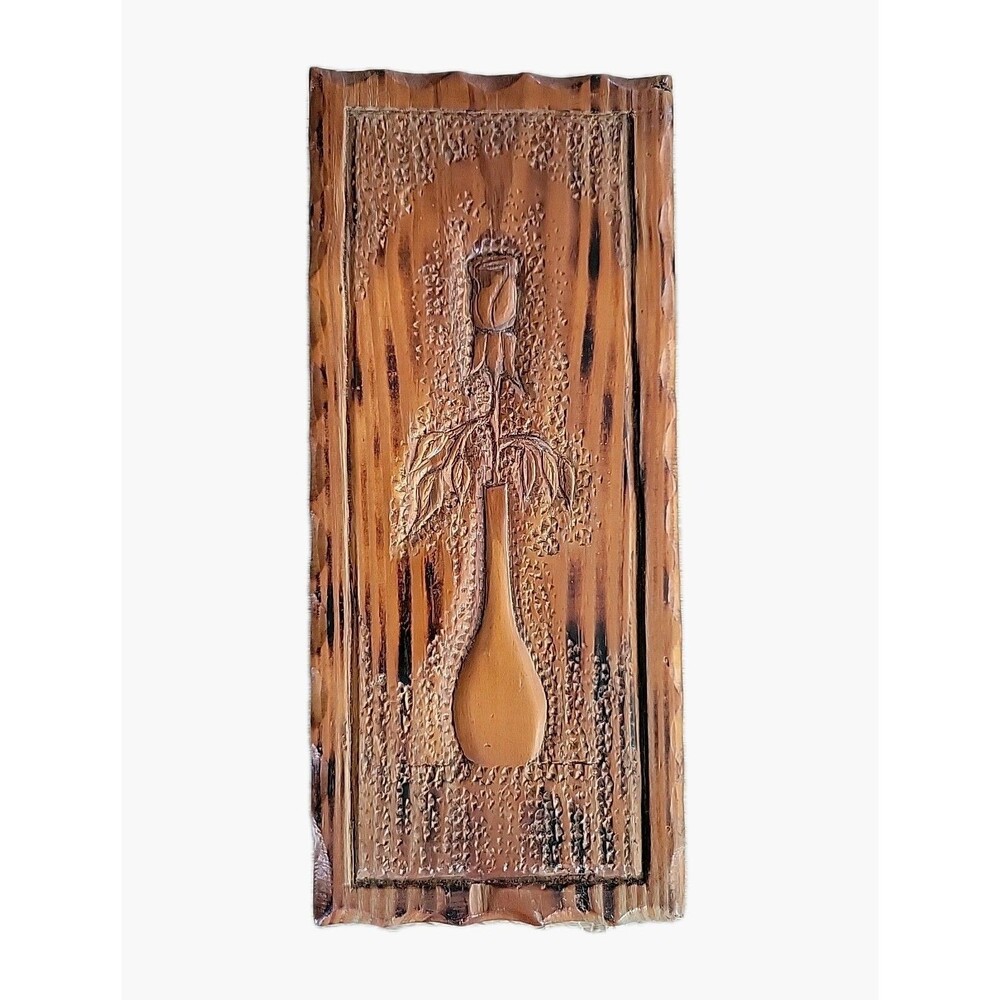 Vintage MCM Original 1976 Artist Signed Rose In Vase Wood Carving 12.5X5.5X1.5
